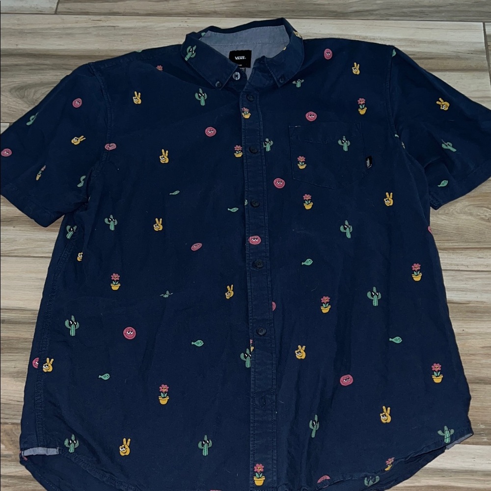 Vans Dark Blue Men's Shirt with Cactus and Emoji Design
